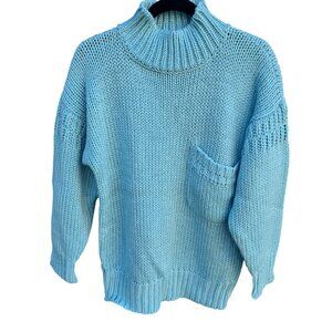 Susann D Vintage Womens Blue Chunky Knit Turtleneck Sweater Oversized Pocket S